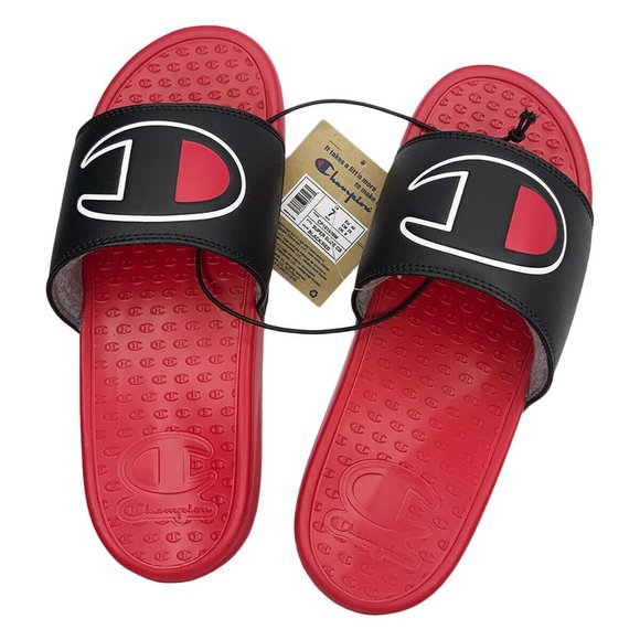 NWT CHAMPION SUPER AUTHENTIC MEN'S RED BLACK SLIP ON SLIDES SANDALS SIZE 8 - Picture 3 of 4
